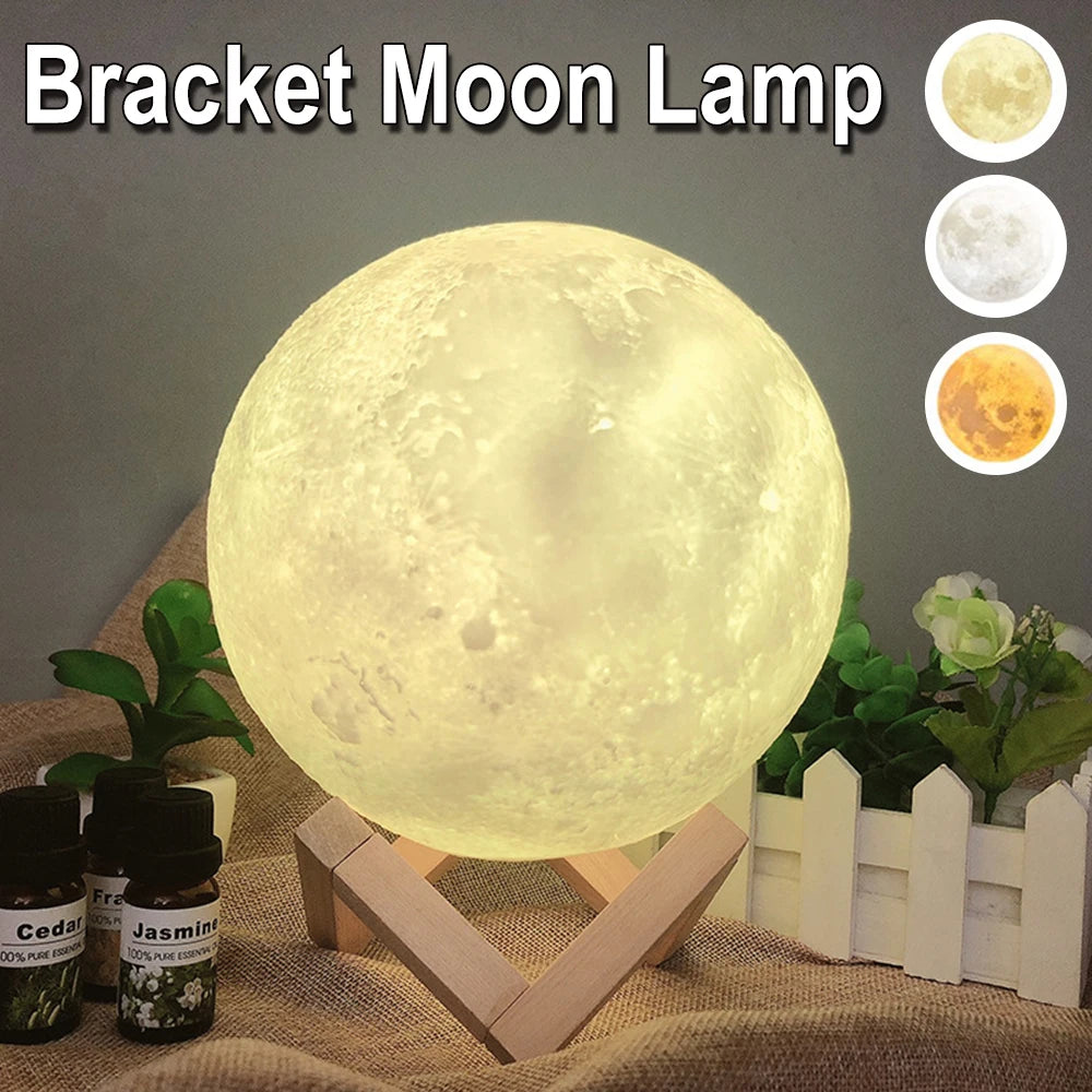 LED Bracket/Floating 3D Print Moon Night Light Touch 3 Color Levitation Bedroom Desk Lamp for Valentine's New Year Birthday Gift